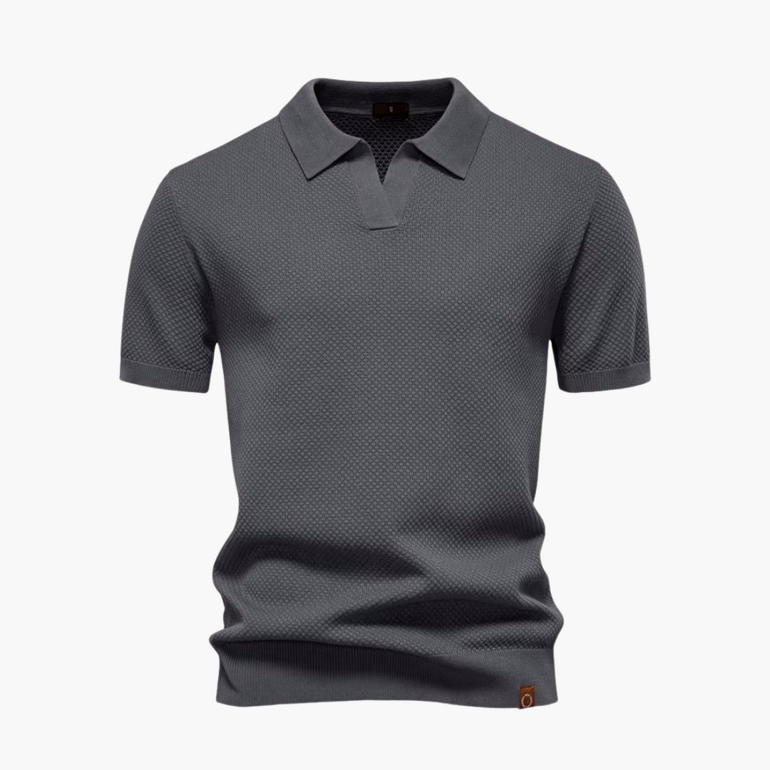 Men’s Short Sleeve Polo Shirt with Open Placket and Textured Weave