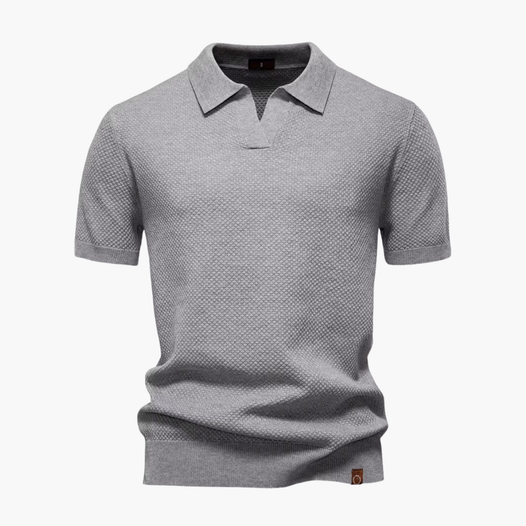 Men’s Short Sleeve Polo Shirt with Open Placket and Textured Weave