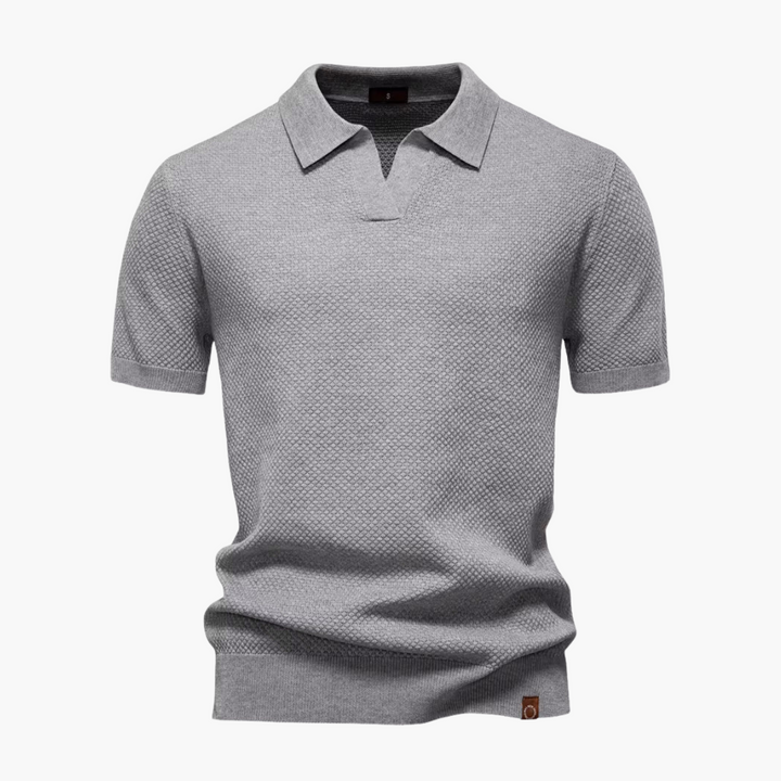 Men’s Short Sleeve Polo Shirt with Open Placket and Textured Weave