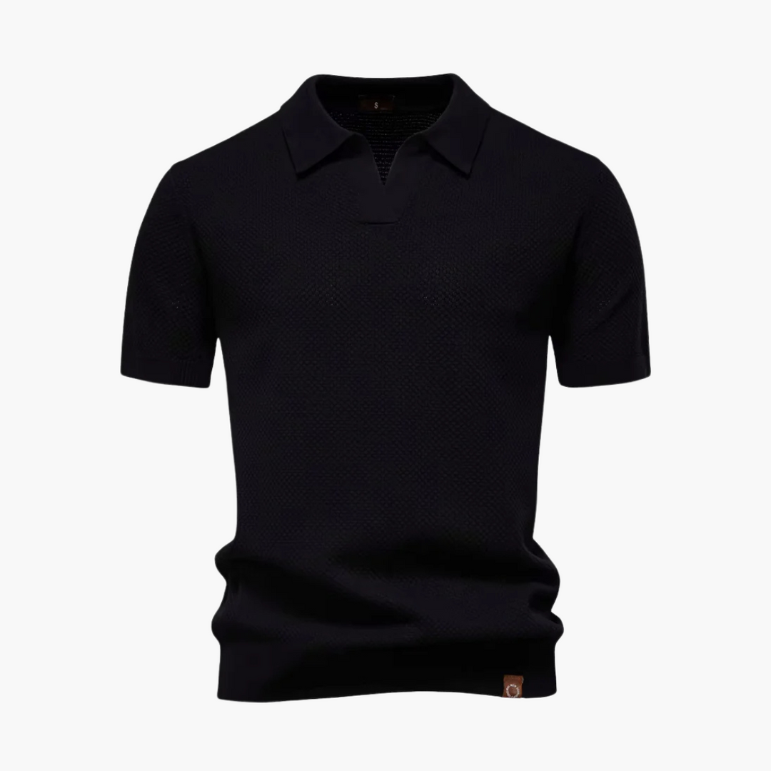 Men’s Short Sleeve Polo Shirt with Open Placket and Textured Weave
