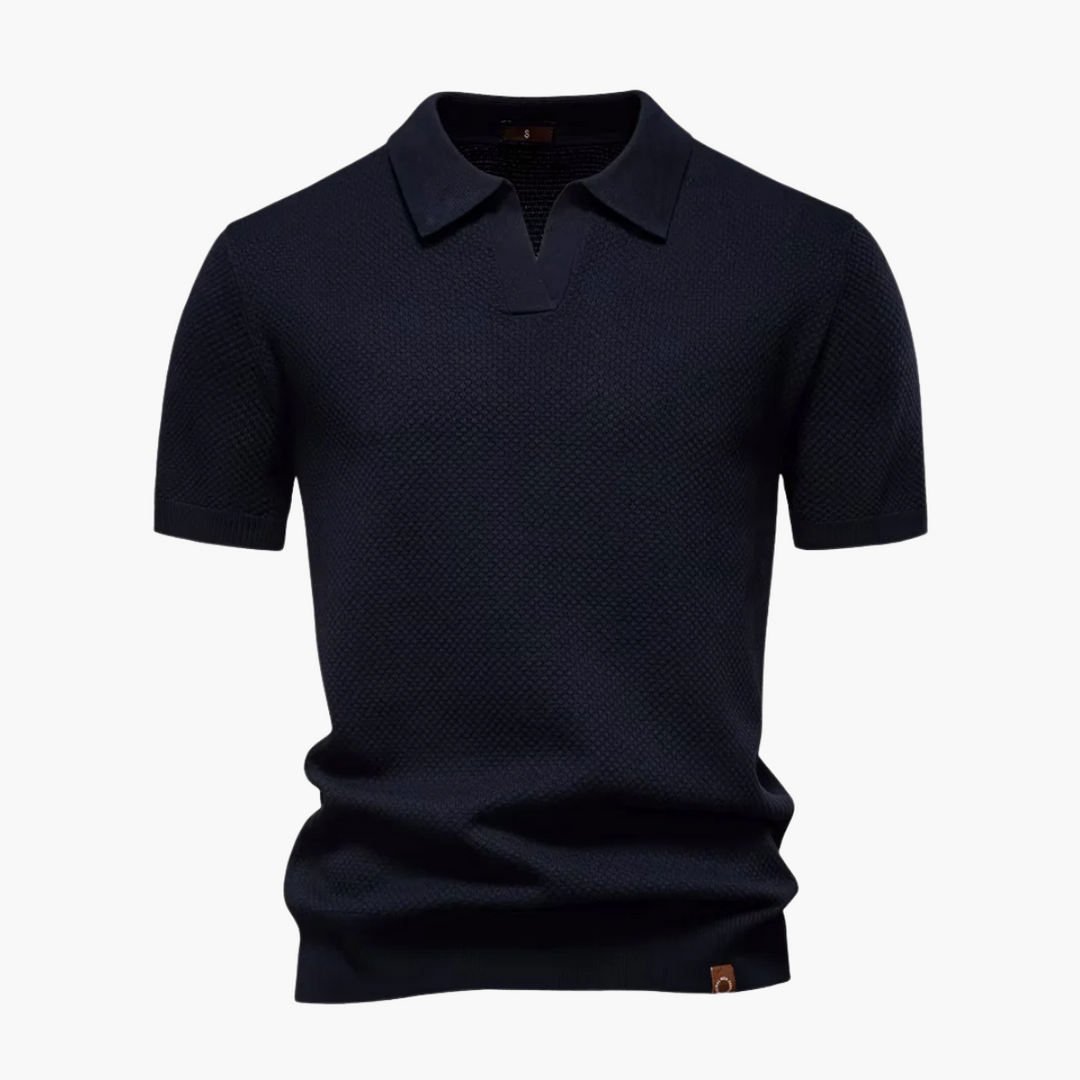 Men’s Short Sleeve Polo Shirt with Open Placket and Textured Weave