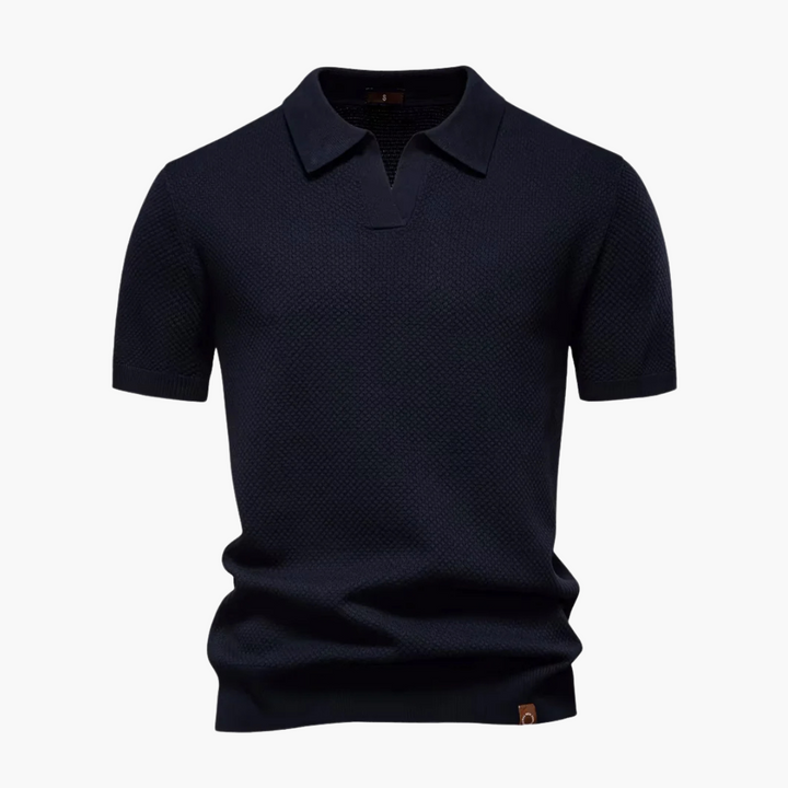 Men’s Short Sleeve Polo Shirt with Open Placket and Textured Weave
