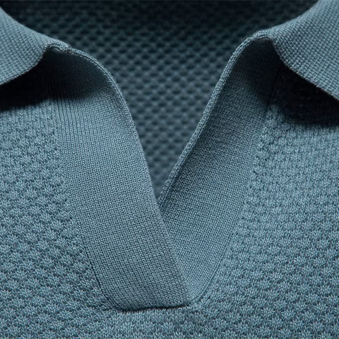 Men’s Short Sleeve Polo Shirt with Open Placket and Textured Weave