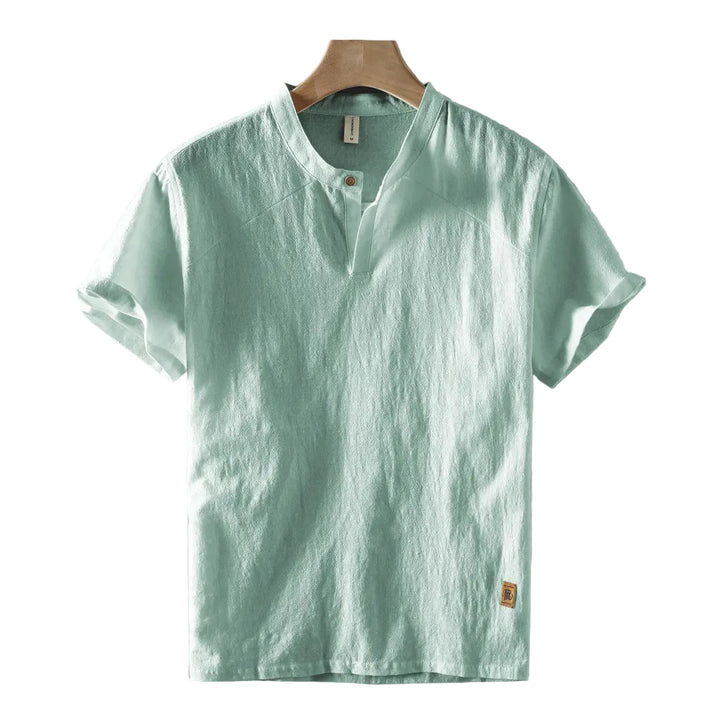 Men’s Short Sleeve Shirt with Mandarin Collar and Button Placket