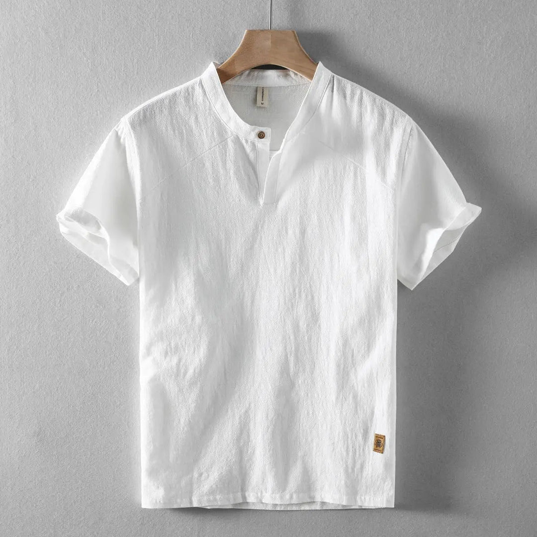 Men’s Short Sleeve Shirt with Mandarin Collar and Button Placket