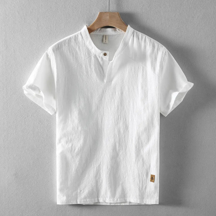 Men’s Short Sleeve Shirt with Mandarin Collar and Button Placket