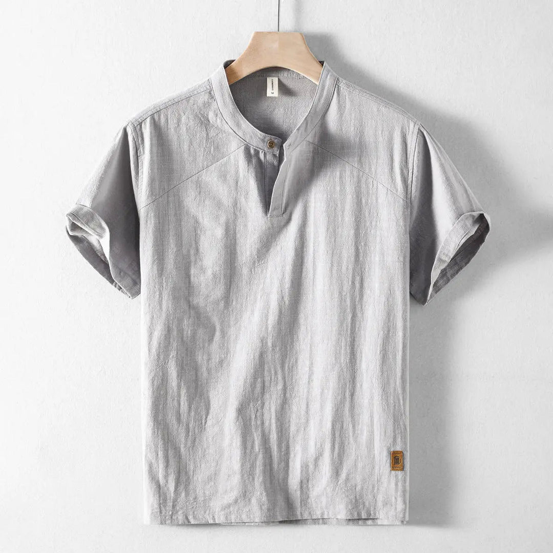 Men’s Short Sleeve Shirt with Mandarin Collar and Button Placket