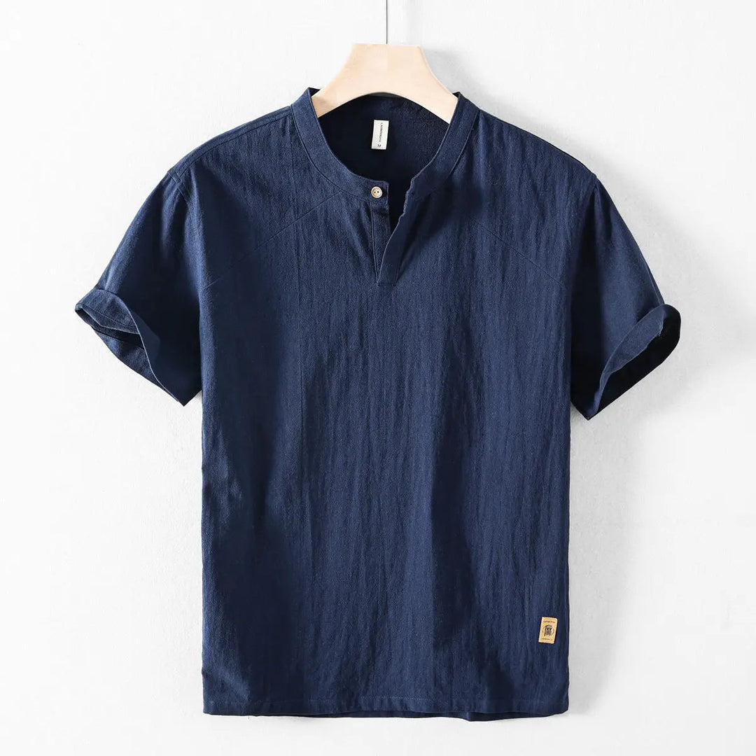 Men’s Short Sleeve Shirt with Mandarin Collar and Button Placket