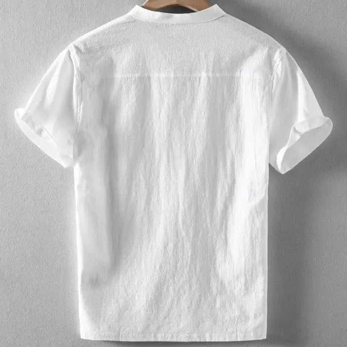 Men’s Short Sleeve Shirt with Mandarin Collar and Button Placket