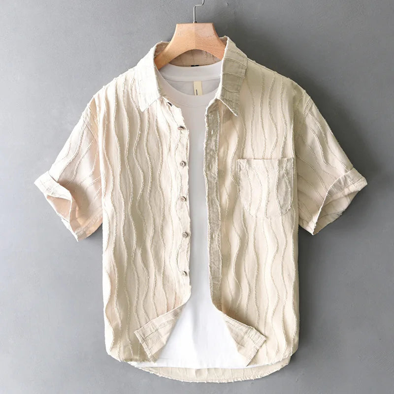 Men’s Short Sleeve Shirt with Wave-Stitch Texture and Chest Pocket