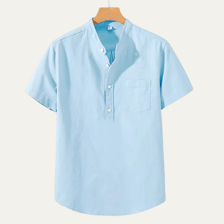 Men's Short Sleeve Shirt With Mandarin Collar and Pocket