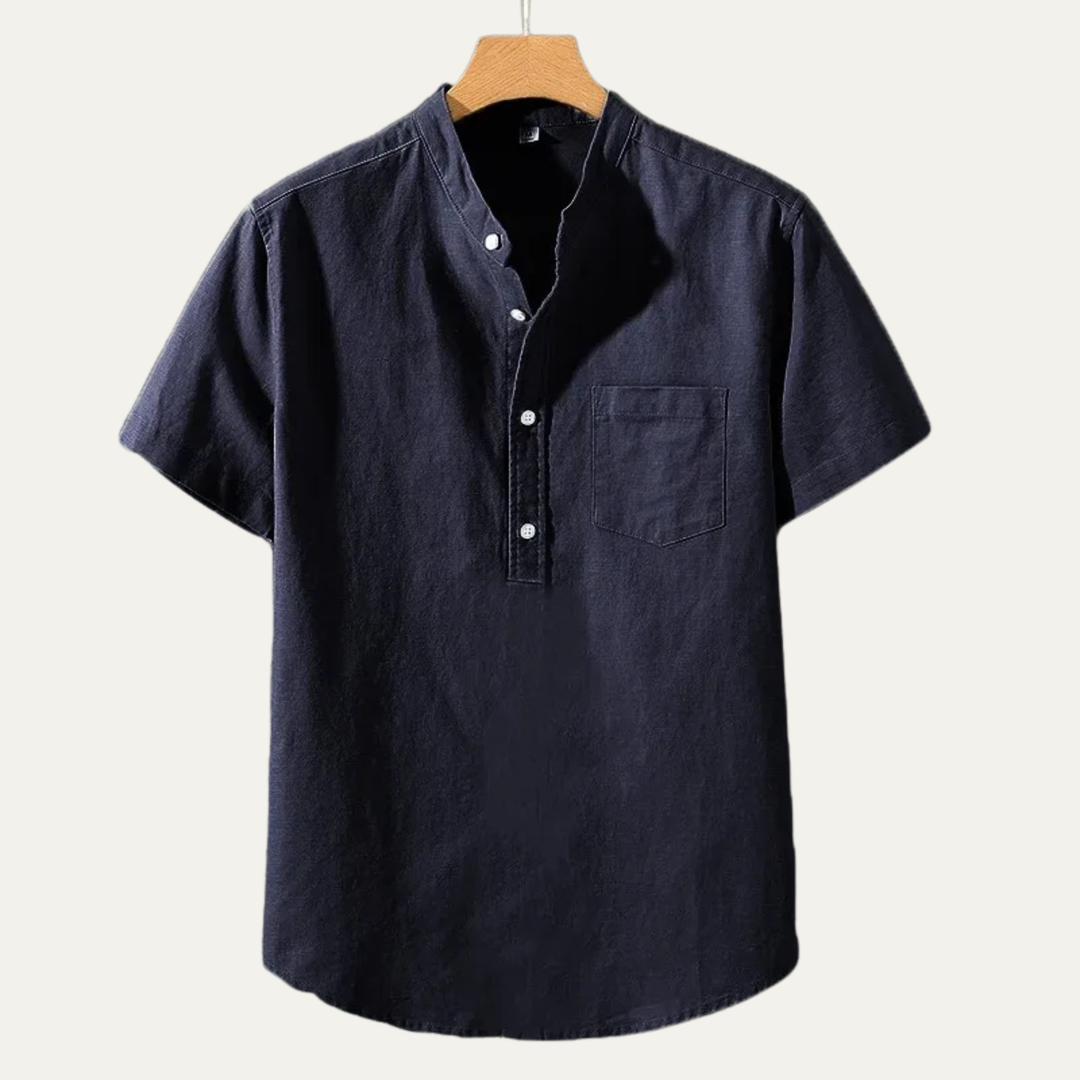 Men's Short Sleeve Shirt With Mandarin Collar and Pocket