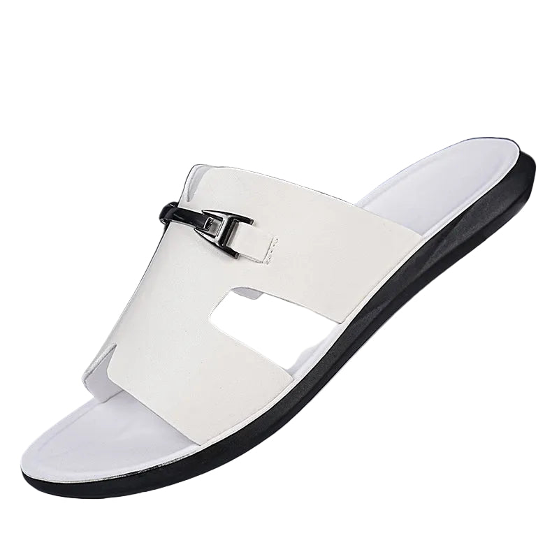 Men’s Slide Sandals with Cut-Out Upper and Metal Accent Strap