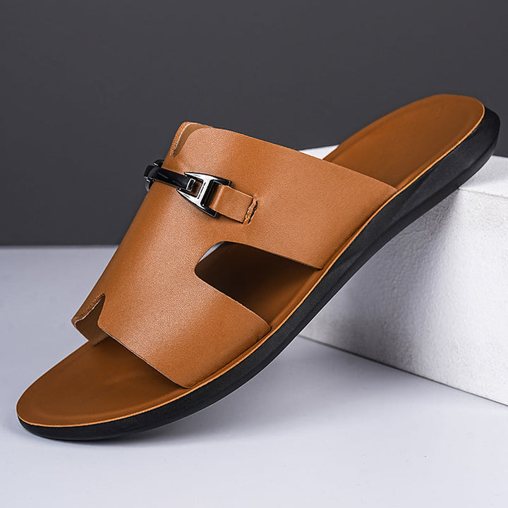 Men’s Slide Sandals with Cut-Out Upper and Metal Accent Strap