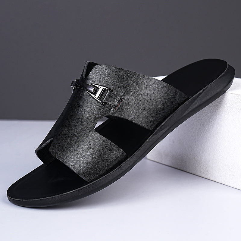 Men’s Slide Sandals with Cut-Out Upper and Metal Accent Strap