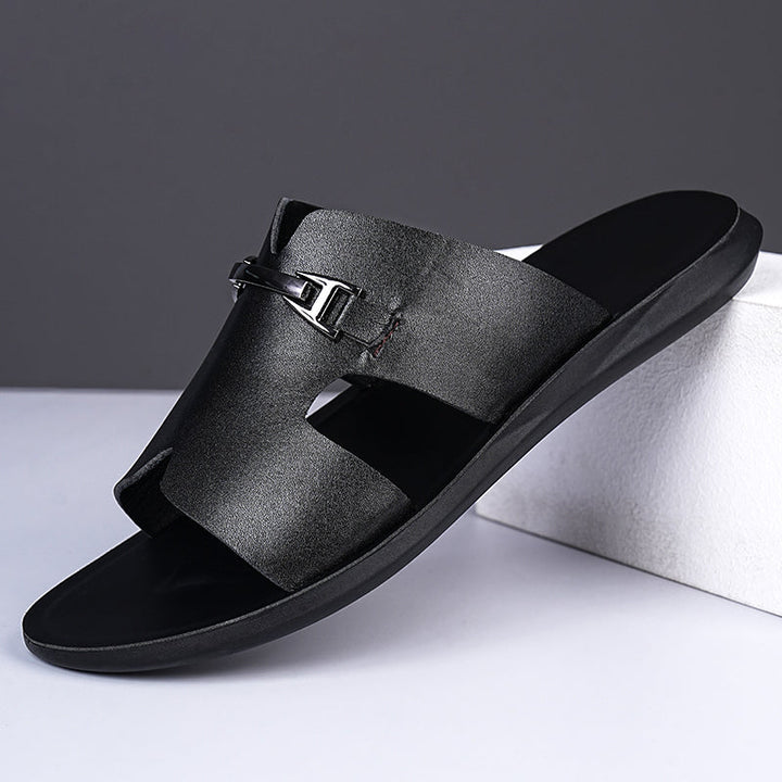 Men’s Slide Sandals with Cut-Out Upper and Metal Accent Strap
