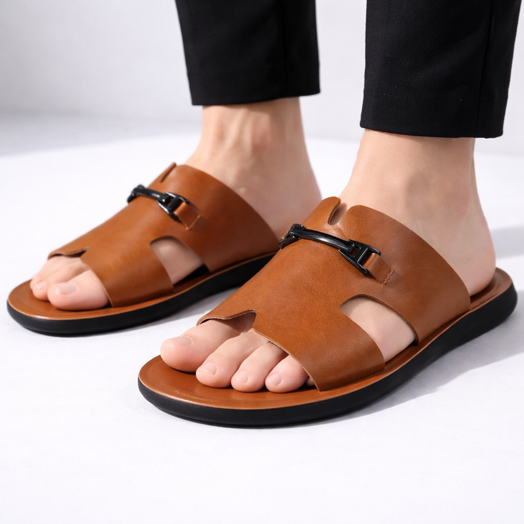 Men’s Slide Sandals with Cut-Out Upper and Metal Accent Strap