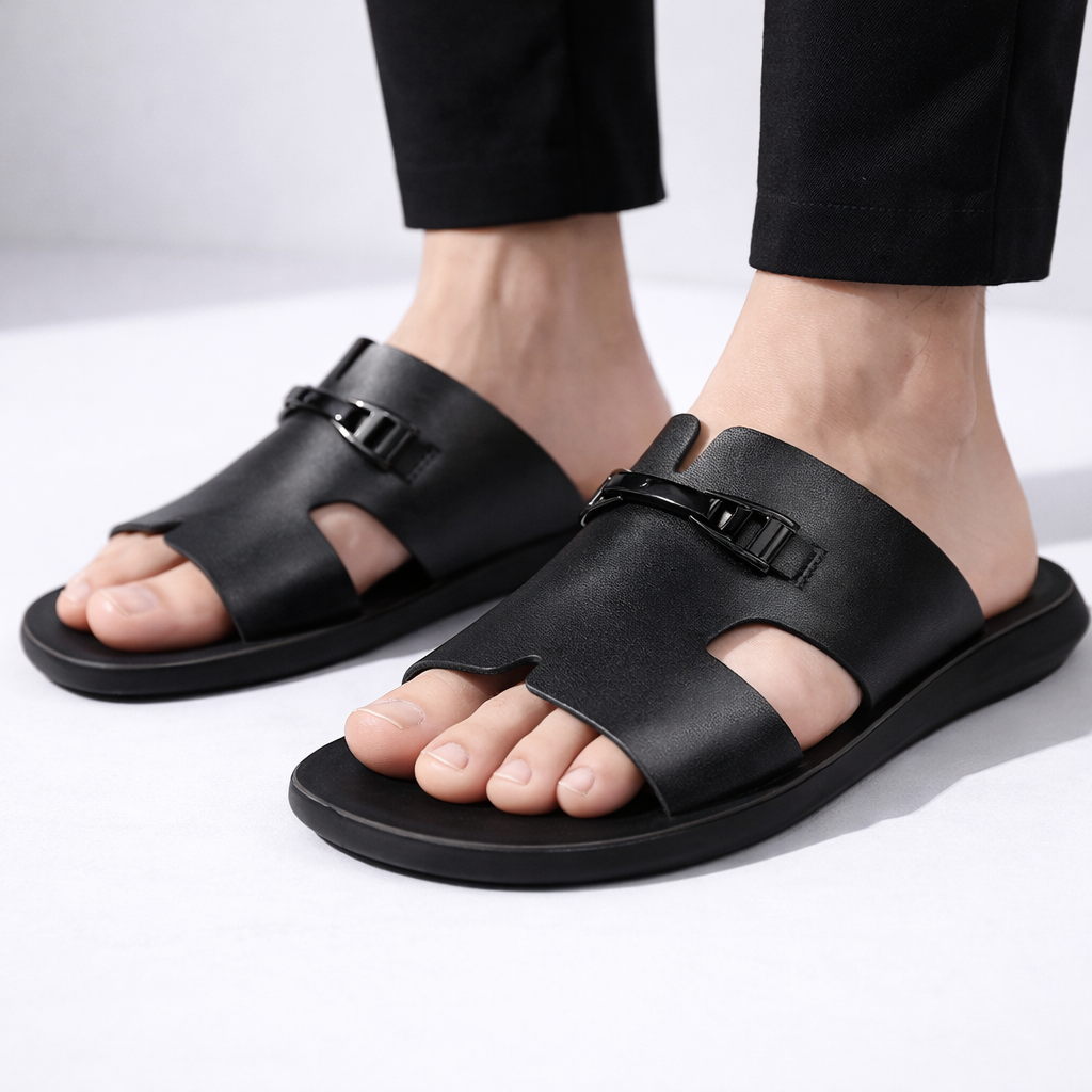 Men’s Slide Sandals with Cut-Out Upper and Metal Accent Strap
