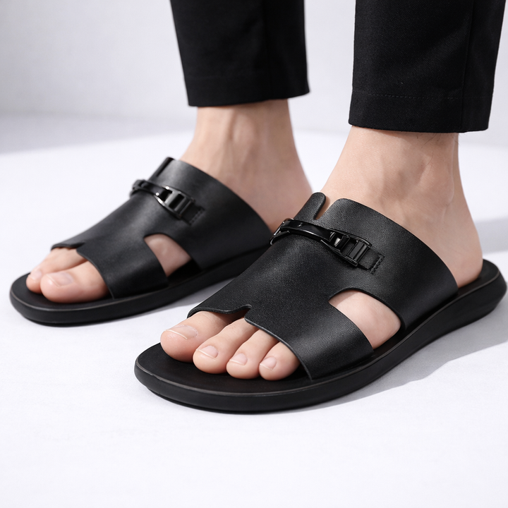 Men’s Slide Sandals with Cut-Out Upper and Metal Accent Strap