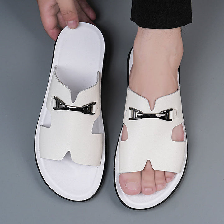 Men’s Slide Sandals with Cut-Out Upper and Metal Accent Strap