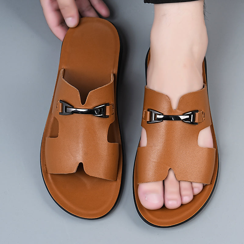Men’s Slide Sandals with Cut-Out Upper and Metal Accent Strap