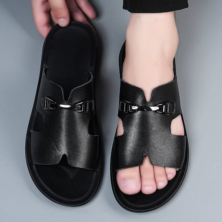 Men’s Slide Sandals with Cut-Out Upper and Metal Accent Strap