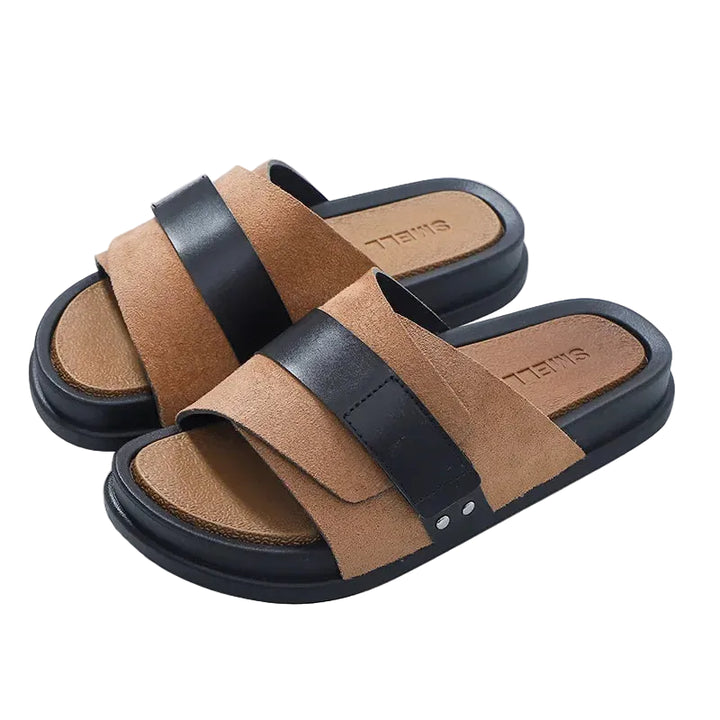 Men’s Slide Sandals with Suede Upper and Overlay Strap with Metal Detail