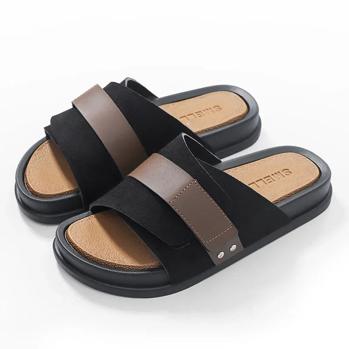 Men’s Slide Sandals with Suede Upper and Overlay Strap with Metal Detail