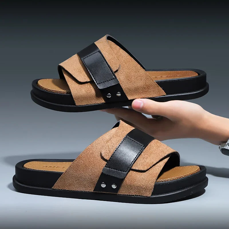 Men’s Slide Sandals with Suede Upper and Overlay Strap with Metal Detail