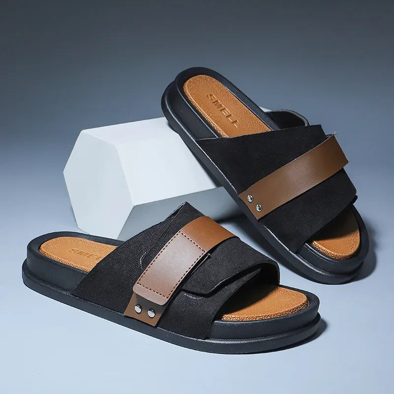 Men’s Slide Sandals with Suede Upper and Overlay Strap with Metal Detail