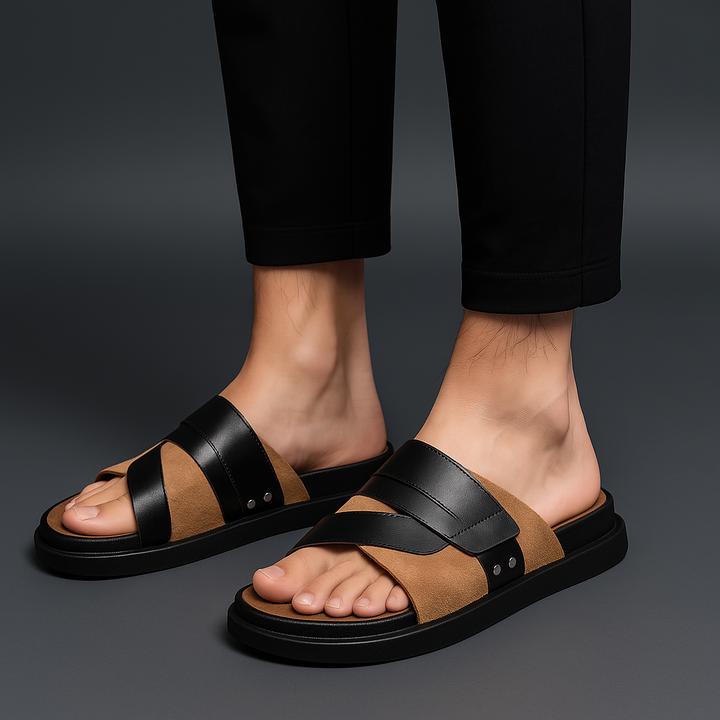 Men’s Slide Sandals with Suede Upper and Overlay Strap with Metal Detail
