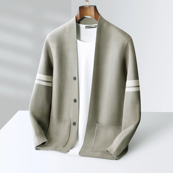 Men’s Stripe-Sleeve Button-Front Knit Cardigan