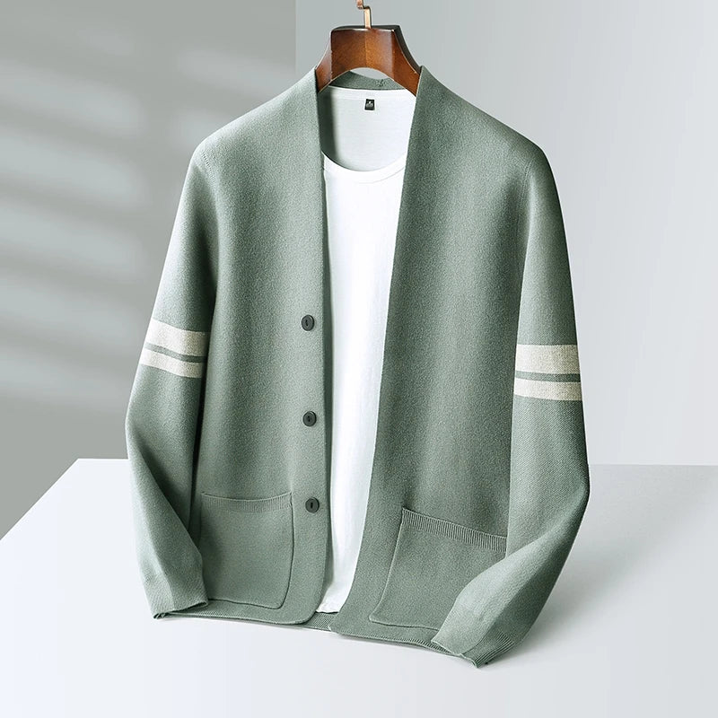 Men’s Stripe-Sleeve Button-Front Knit Cardigan