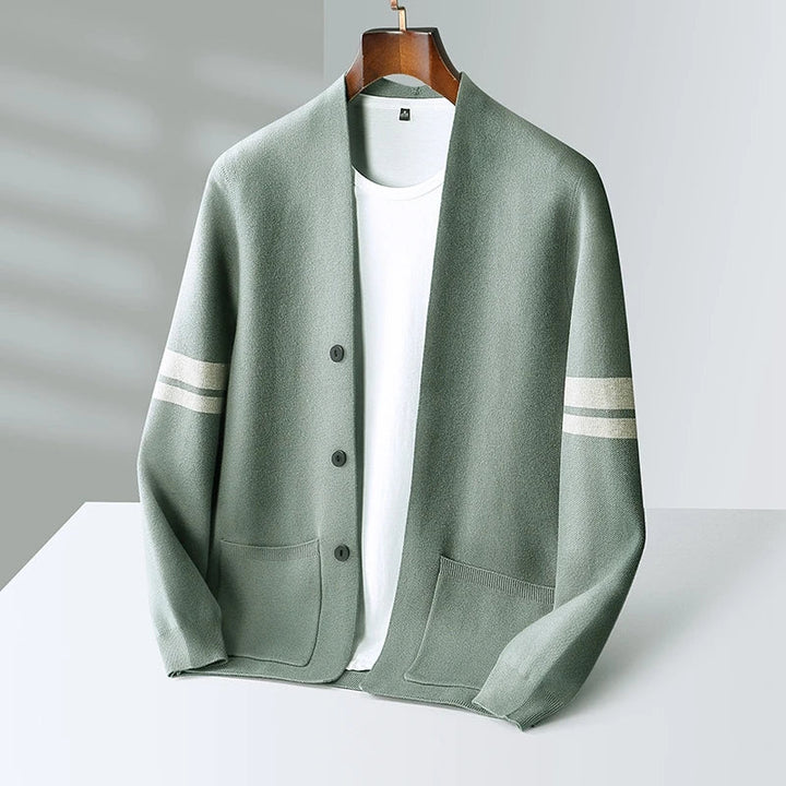 Men’s Stripe-Sleeve Button-Front Knit Cardigan