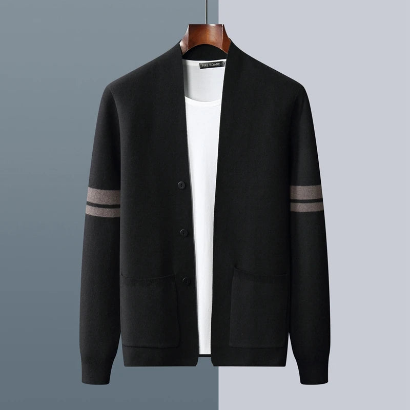 Men’s Stripe-Sleeve Button-Front Knit Cardigan