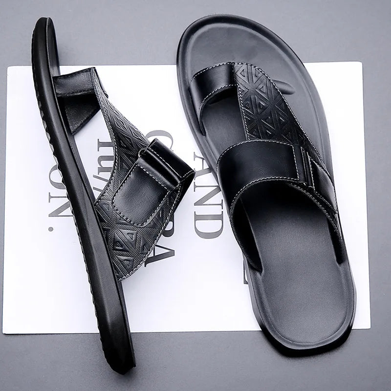 Men's T-Strap Sandals with Geometric Texture