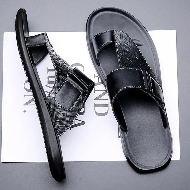 Men's T-Strap Sandals with Geometric Texture