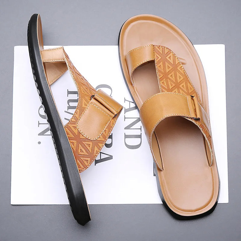 Men's T-Strap Sandals with Geometric Texture