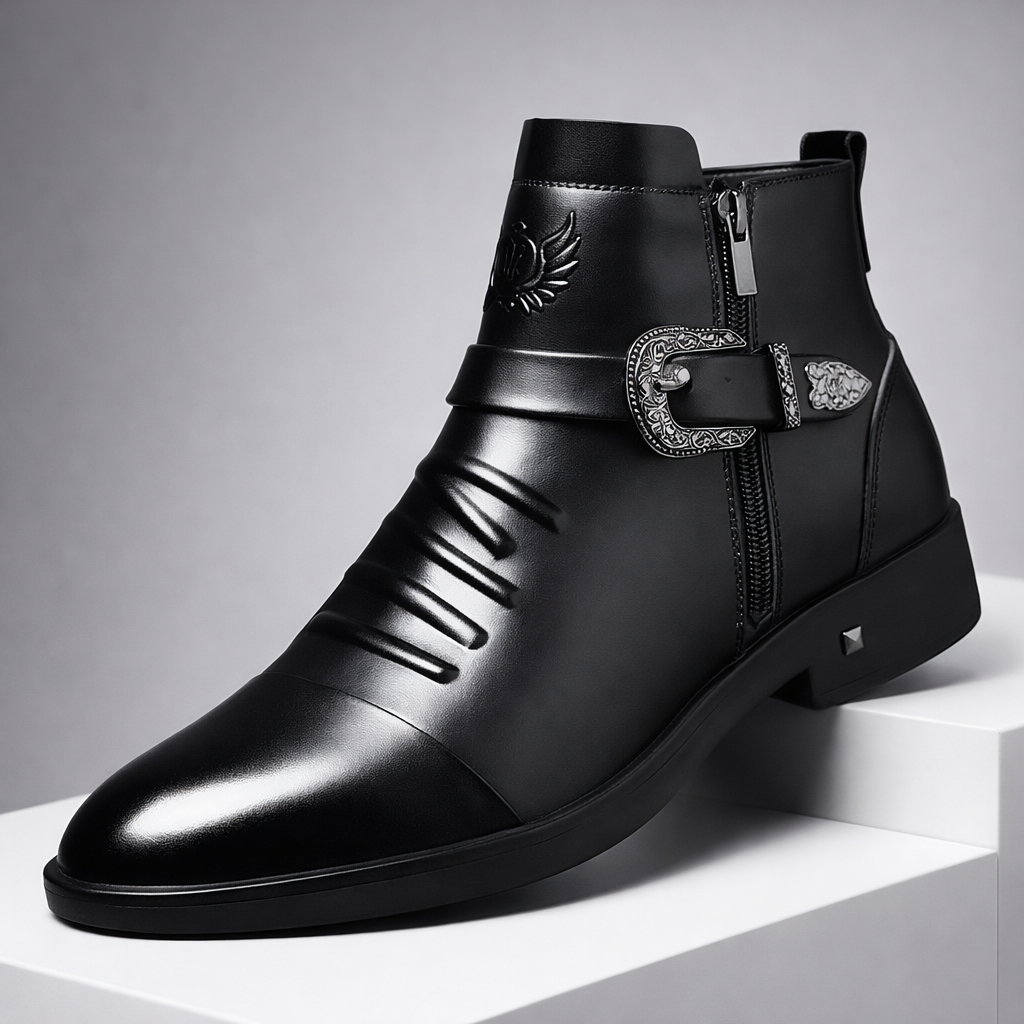 Men's Western Buckle Zip Ankle Boots
