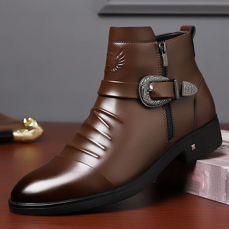 Men's Western Buckle Zip Ankle Boots