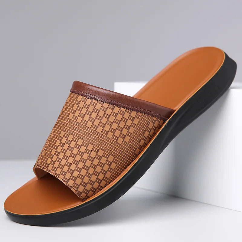 Men’s Woven Upper Slide Sandals with Open Toe and Contoured Footbed
