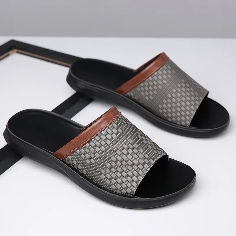 Men’s Woven Upper Slide Sandals with Open Toe and Contoured Footbed