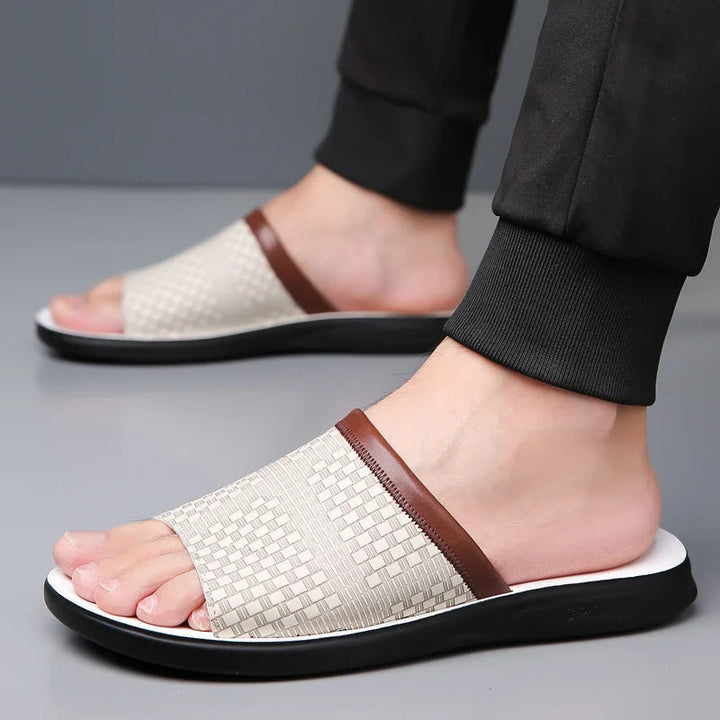 Men’s Woven Upper Slide Sandals with Open Toe and Contoured Footbed