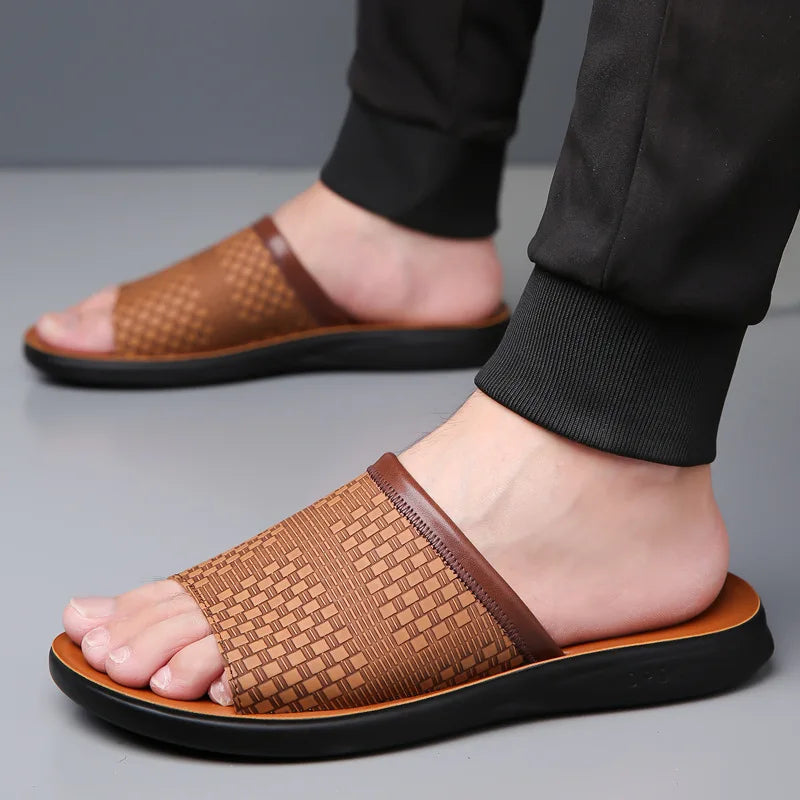 Men’s Woven Upper Slide Sandals with Open Toe and Contoured Footbed