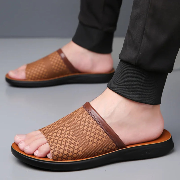 Men’s Woven Upper Slide Sandals with Open Toe and Contoured Footbed