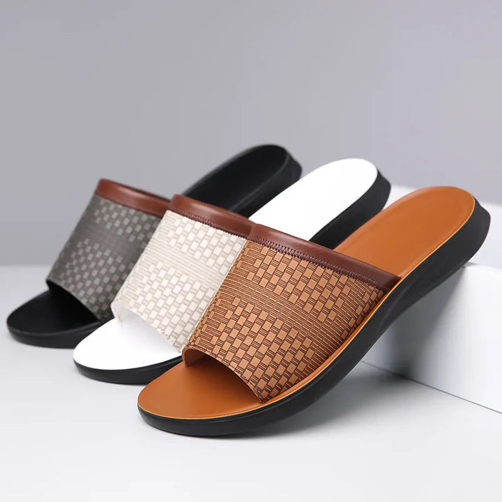 Men’s Woven Upper Slide Sandals with Open Toe and Contoured Footbed