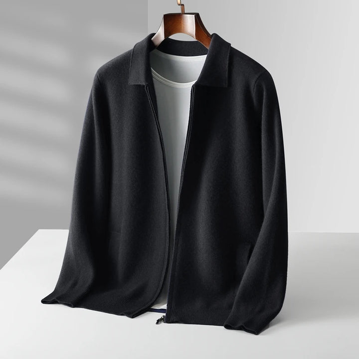 Men’s Zip-Up Knit Cardigan with Folded Collar