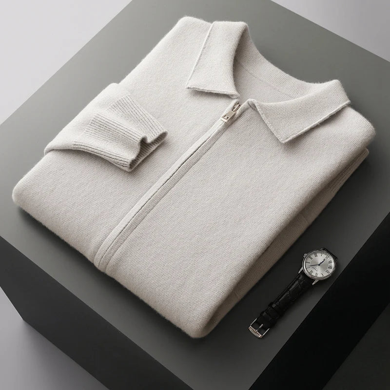 Men’s Zip-Up Knit Cardigan with Folded Collar