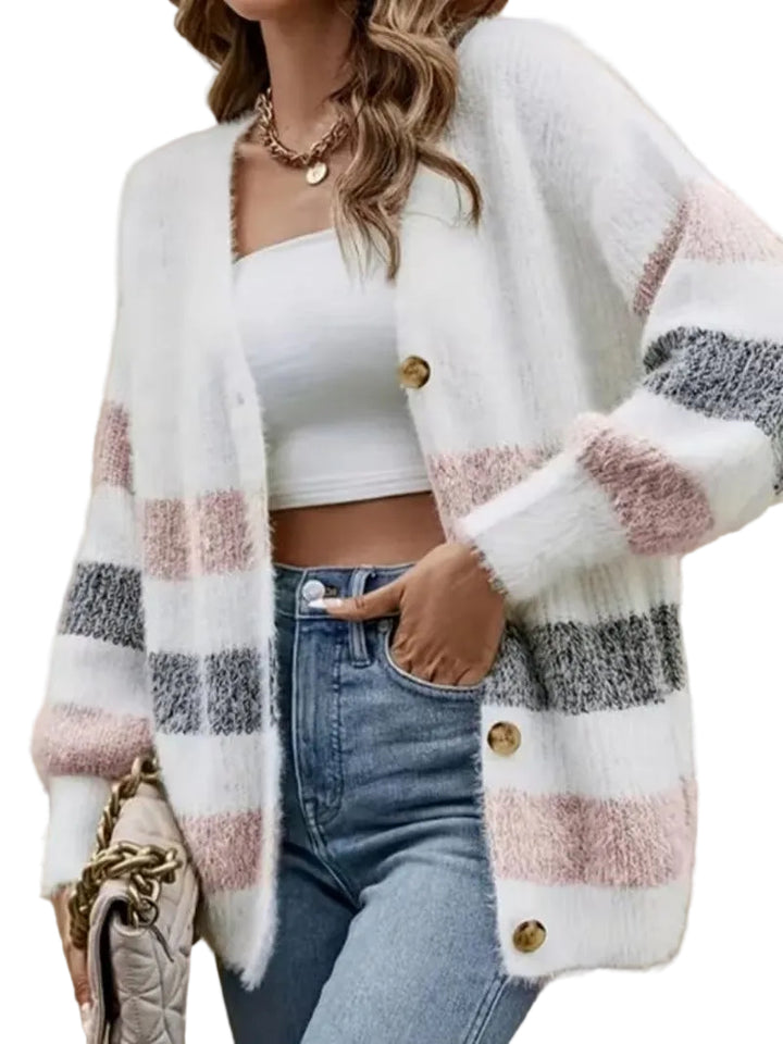 Women’s Fuzzy V-Neck Cardigan with Stripes