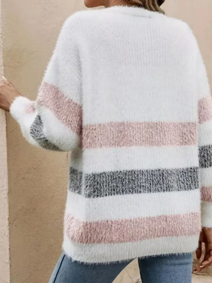 Women’s Fuzzy V-Neck Cardigan with Stripes